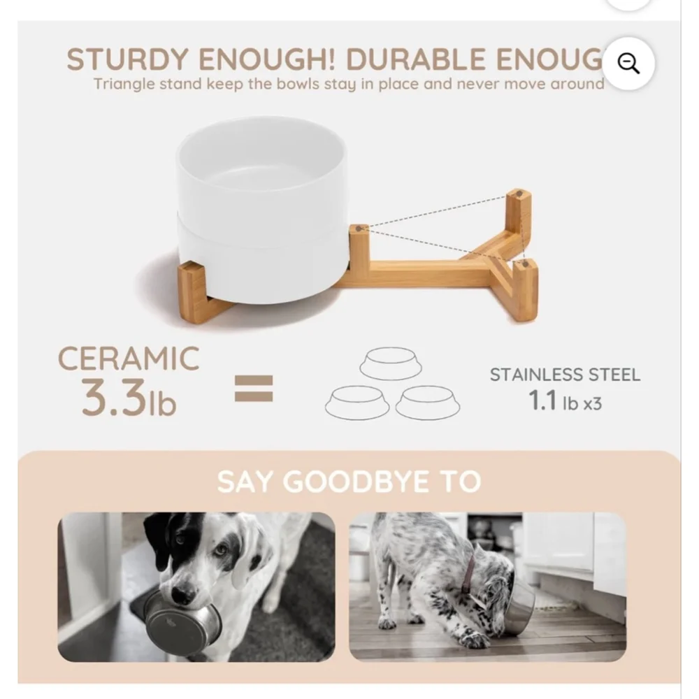 NEW Ceramic Dog Cat Bowl Set Wooden Stand Non-Slip Matte 13.5Oz